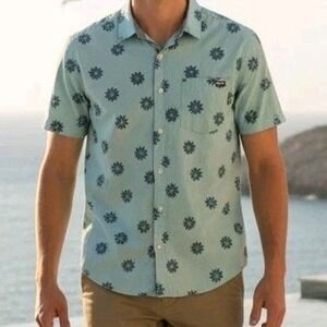 Hurley Men's Patio Printed Woven Shirt XL Mint Green Teal Sunflower Button Up